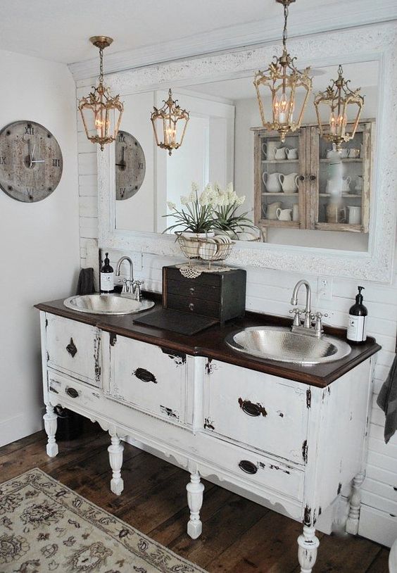 17 a shabby chic vanity space with adorable vintage pendant lamps over the vanity that add a refined touch