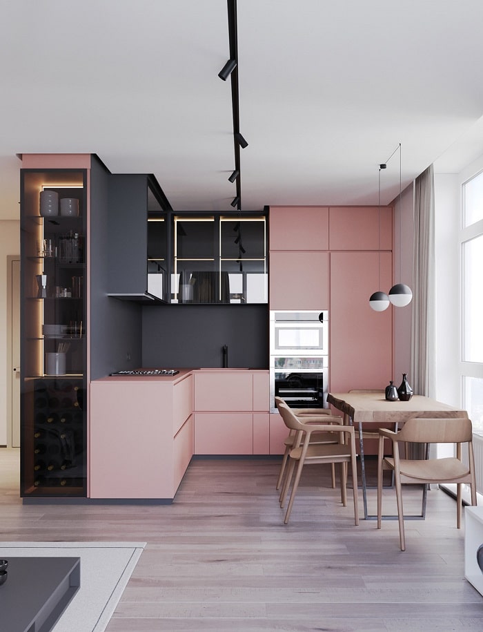 Blush pink L shaped kitchen