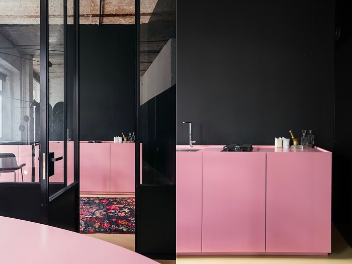 Bubblegum pink kitchen cabinets
