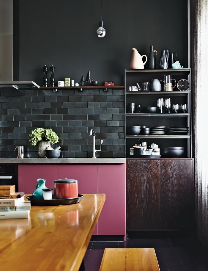 Magenta pink black kitchen