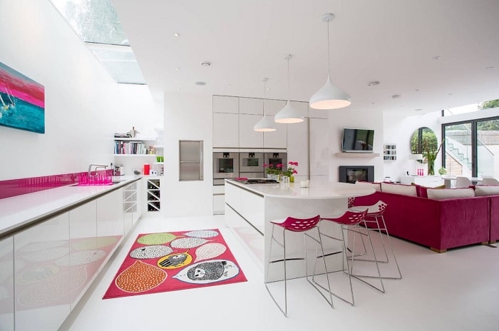 Magenta pink white kitchen