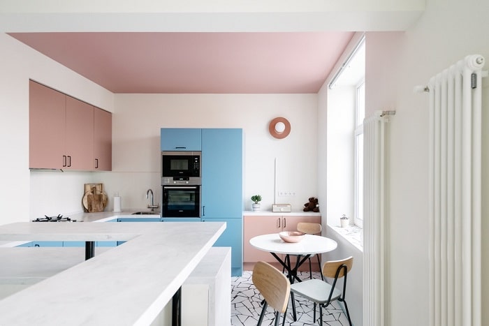 Pastel pink and blue kitchen