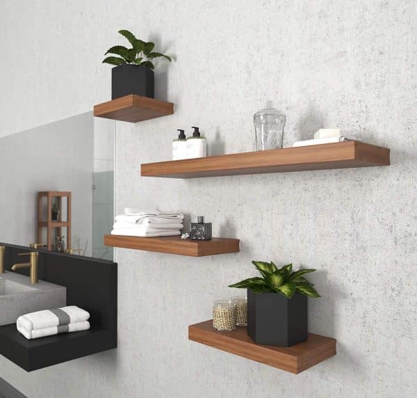 bathroom floating shelf solid teak construction warm finish set of four different sizes unique storage idea 600x572 1