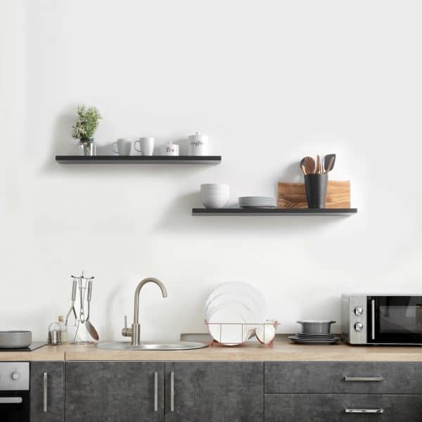 black floating wall shelf set 24 inch length simple open storage ideas for the kitchen or modern pantry 600x600 1