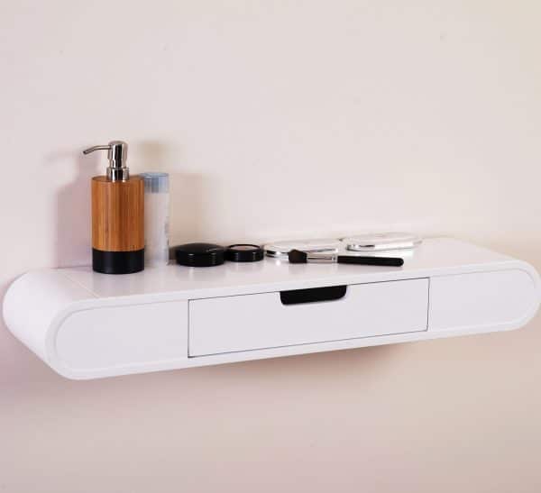 floating wall shelf with drawer white finish rounded edges oblong shape unique bedroom vanity bathroom storage and display idea 600x547 1