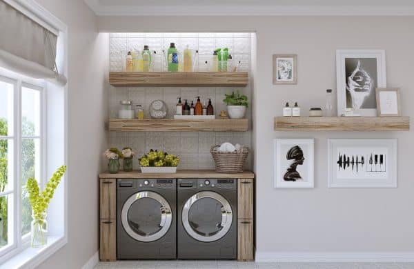 rustic 60 floating shelf for laundry room storage ideas thick solid maple beam with mounting hardware 600x390 1