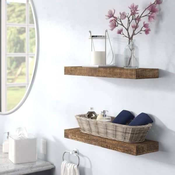 rustic solid wood floating shelf pine construction weathered finish unique open storage idea for bathroom or kitchen 600x600 1