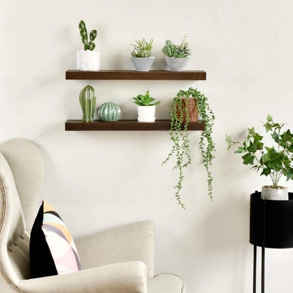 thin 24 inch floating shelf set walnut finish knotty pine construction unique way to display succulents on the wall 600x600 1