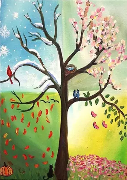 نقاشی چهار فصل کلاس چهارم | نقاشی چهار فصل آسان، زیبا و کودکانه