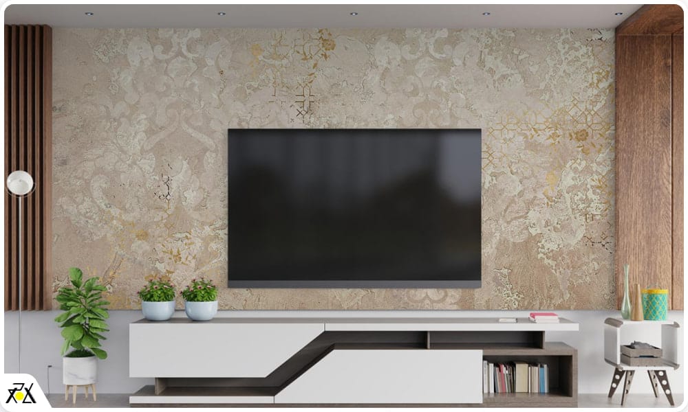 پتینه و میکروسمنت چیست؟ - تصویر 5 پتینه دیوار پشت تلویزیون