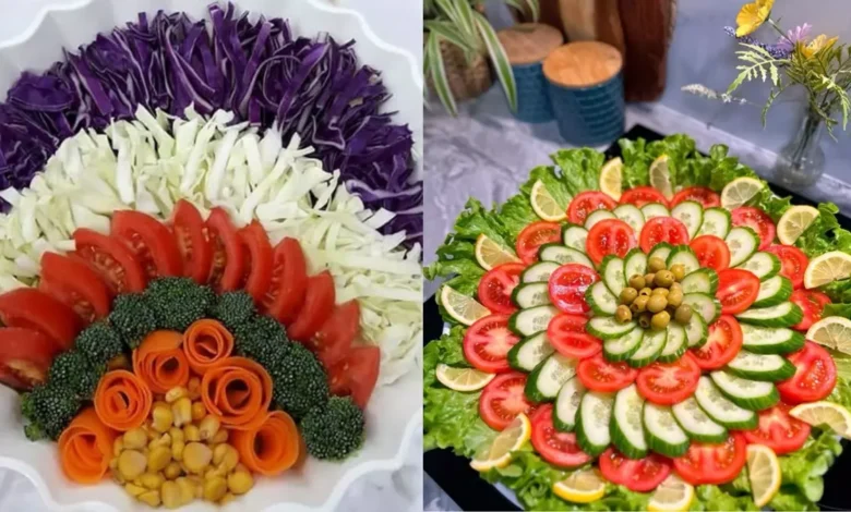 تزیین سالاد کاهو و خیار و گوجه و هویج