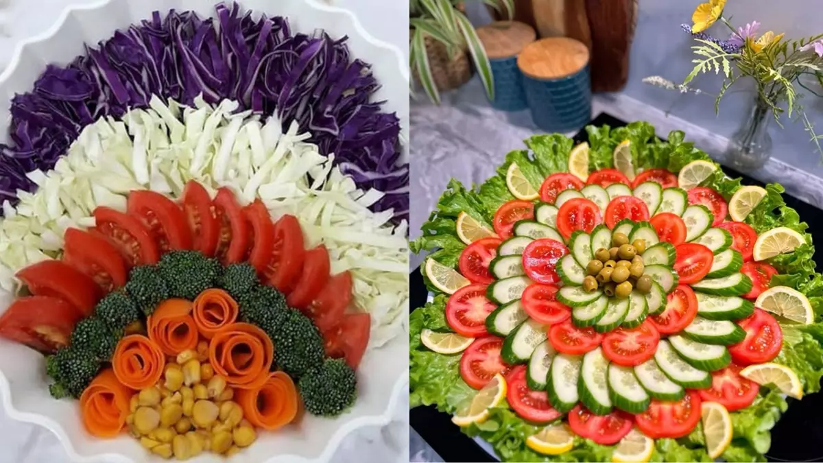 تزیین سالاد کاهو و خیار و گوجه و هویج