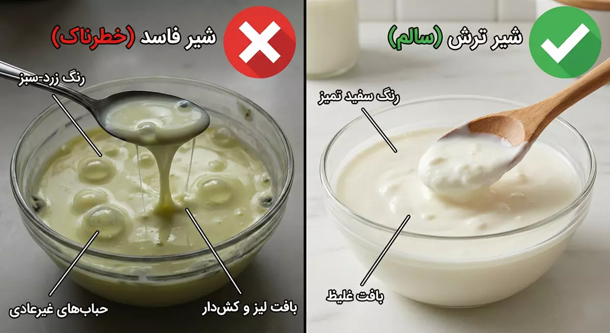 مقایسه تصویری شیر ترش شده سالم و شیر فاسد و تغییر رنگ داده مقایسه تصویری شیر ترش شده سالم و شیر فاسد و تغییر رنگ داده