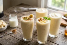 طرز تهیه شیر موز غلیظ و کافیشاپی برای ۴ نفر (با ثعلب و بدون ثعلب)