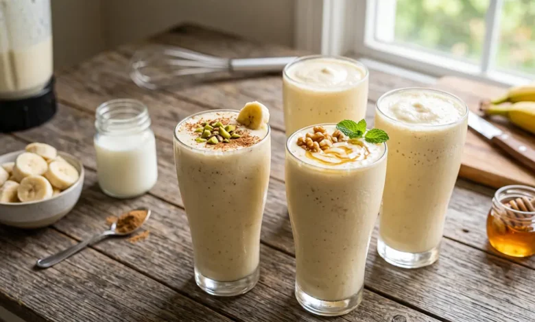 طرز تهیه شیر موز غلیظ و کافیشاپی برای ۴ نفر (با ثعلب و بدون ثعلب)