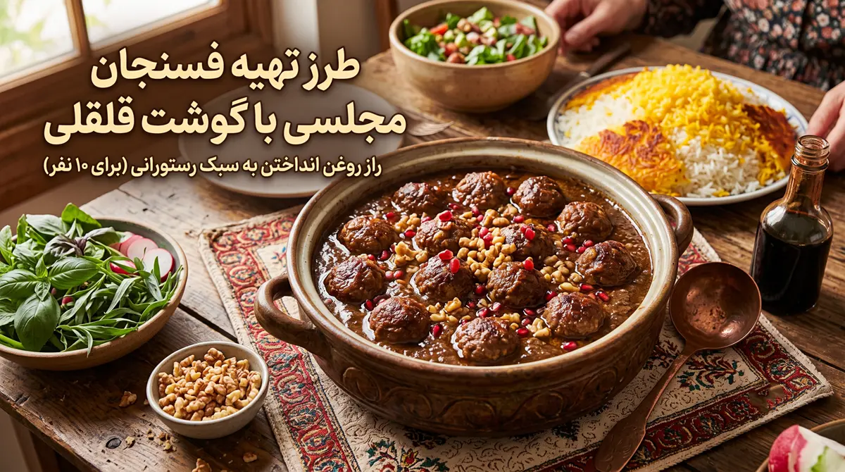 طرز تهیه فسنجون با گوشت قلقلی برای ۱۰ نفر + فوت و فن کوزه گری