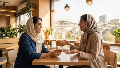 گفتگوی صمیمی دو زن جوان ایرانی در کافه با زبان بدن باز و ارتباط چشمی موثر برای جلب اعتماد
