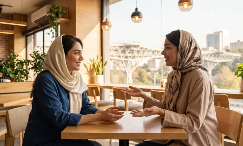 گفتگوی صمیمی دو زن جوان ایرانی در کافه با زبان بدن باز و ارتباط چشمی موثر برای جلب اعتماد