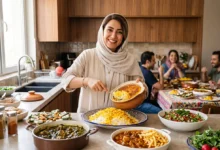 زن میزبان ایرانی با لبخند در حال سرو برنج و ته‌دیگ در یک مهمانی خانوادگی با میز شام پر از غذاهای اصیل مثل قورمه‌سبزی و قیمه
