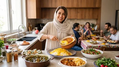 زن میزبان ایرانی با لبخند در حال سرو برنج و ته‌دیگ در یک مهمانی خانوادگی با میز شام پر از غذاهای اصیل مثل قورمه‌سبزی و قیمه