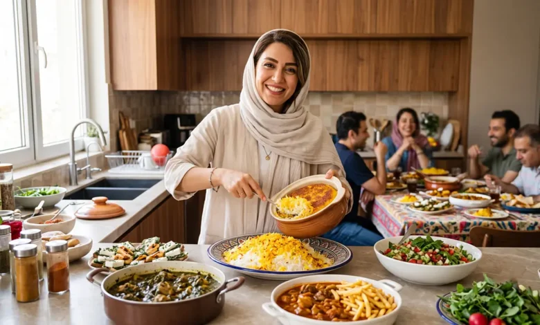 زن میزبان ایرانی با لبخند در حال سرو برنج و ته‌دیگ در یک مهمانی خانوادگی با میز شام پر از غذاهای اصیل مثل قورمه‌سبزی و قیمه