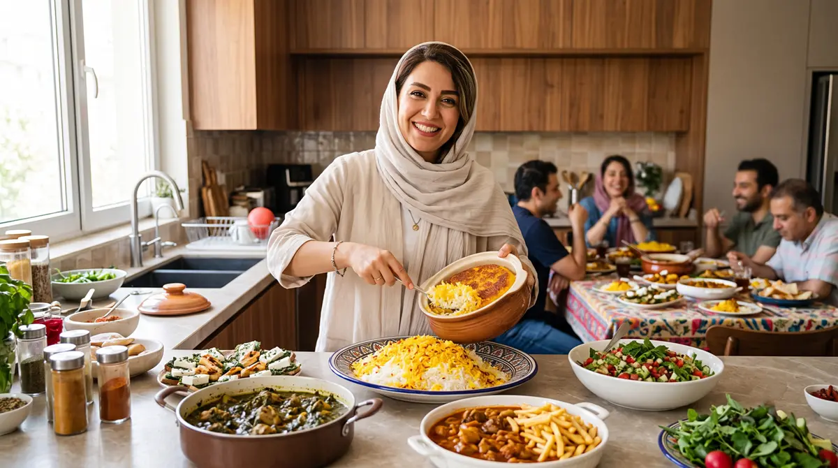 زن میزبان ایرانی با لبخند در حال سرو برنج و ته‌دیگ در یک مهمانی خانوادگی با میز شام پر از غذاهای اصیل مثل قورمه‌سبزی و قیمه