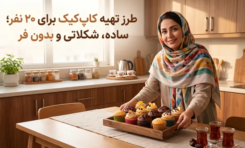 خانم خانهدار ایرانی با لبخند در یک آشپزخانه روشن، در حال سرو یک سینی چوبی پر از کاپ کیکهای تازه ساده و شکلاتی در کنار چای. (آموزش طرز تهیه کاپ کیک برای ۲۰ نفر)