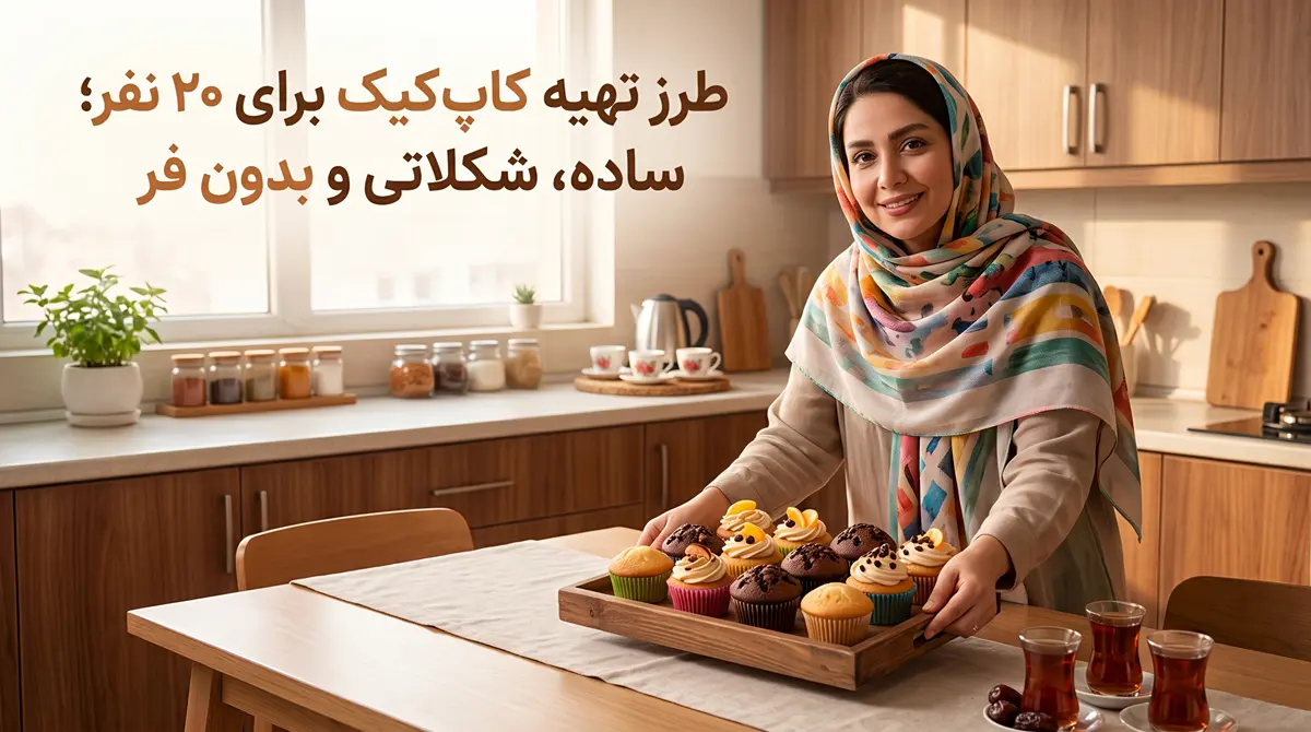 خانم خانهدار ایرانی با لبخند در یک آشپزخانه روشن، در حال سرو یک سینی چوبی پر از کاپ کیکهای تازه ساده و شکلاتی در کنار چای. (آموزش طرز تهیه کاپ کیک برای ۲۰ نفر)
