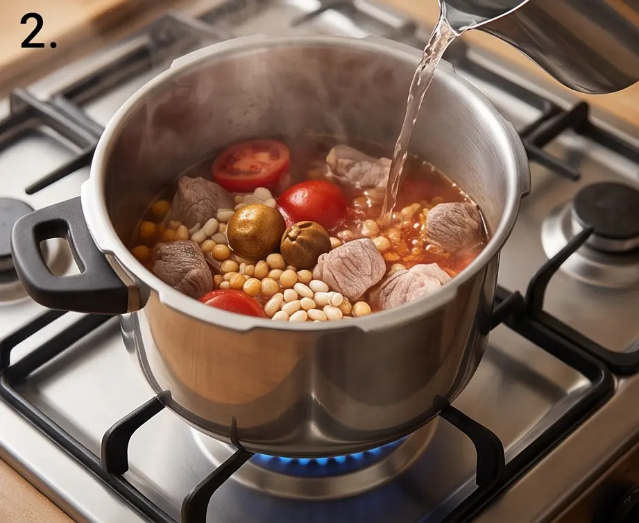 اضافه کردن آب و پخت اولیه در زودپز